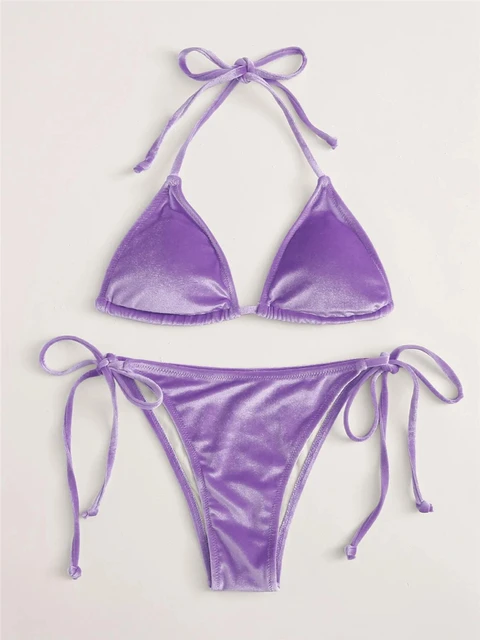 Velvet String Triangle Bikini Mujer 2022 Sexy Halter Swimsuit