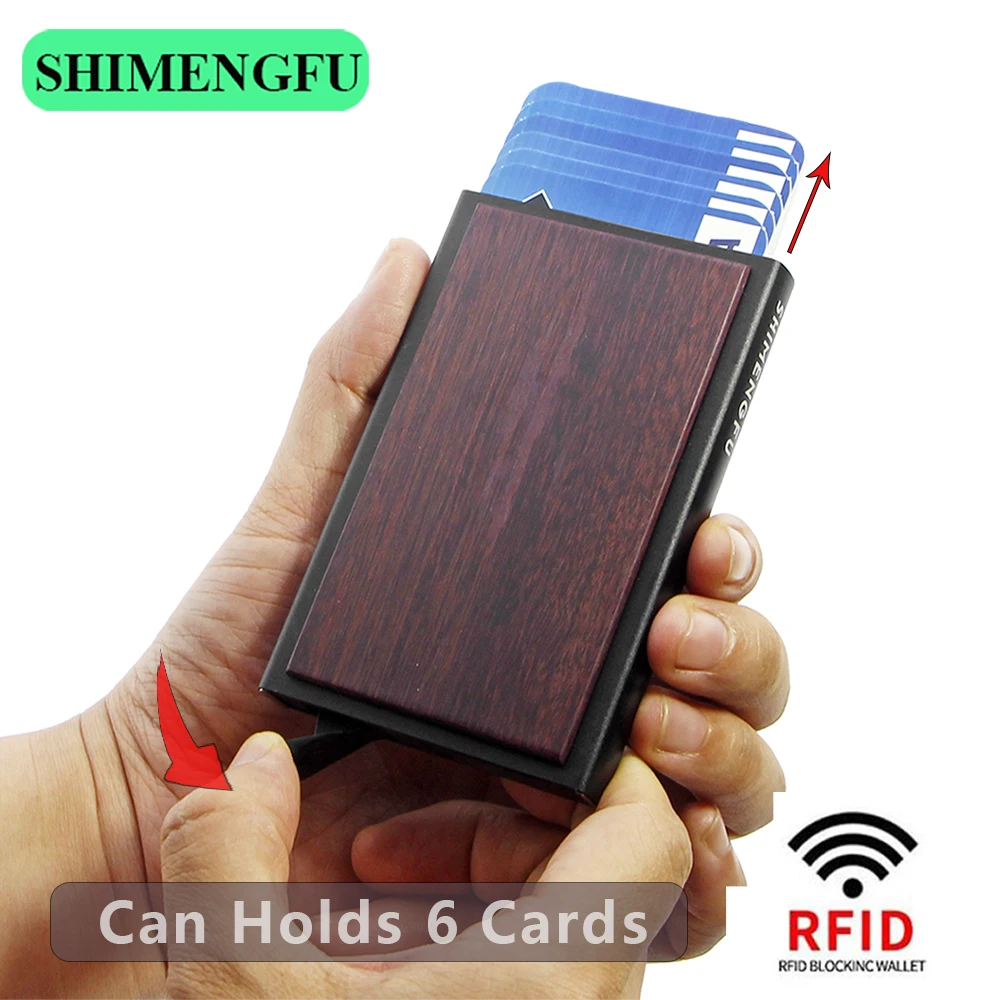 Anti-theft ID Credit Card Holder Pop Up Porte Carte RFID Slim Wood Aluminium Men Wallet Pocket Case Women Bank Debit Card Box