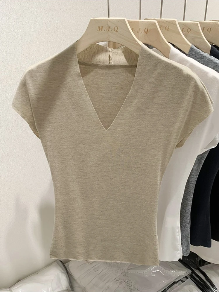 AOSSVIAO 2025 الصيف سليم صالح قاعدة تي شيرت بلون تنوعا الخامس الرقبة قصيرة الأكمام تي شيرت المرأة رداء علوي غير رسمي على الموضة 5