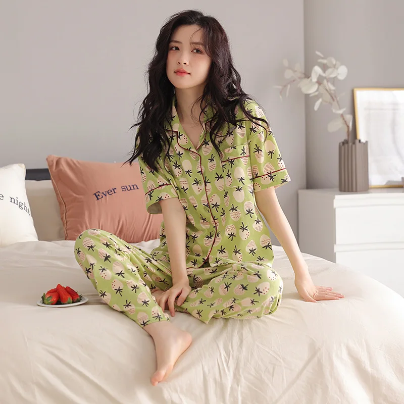 Summer Women's Thin Pure Cotton Pajamas Lapel Short Sleeve Cardigan Pants Oversized Loose Fitting Casual Home Clothing Set