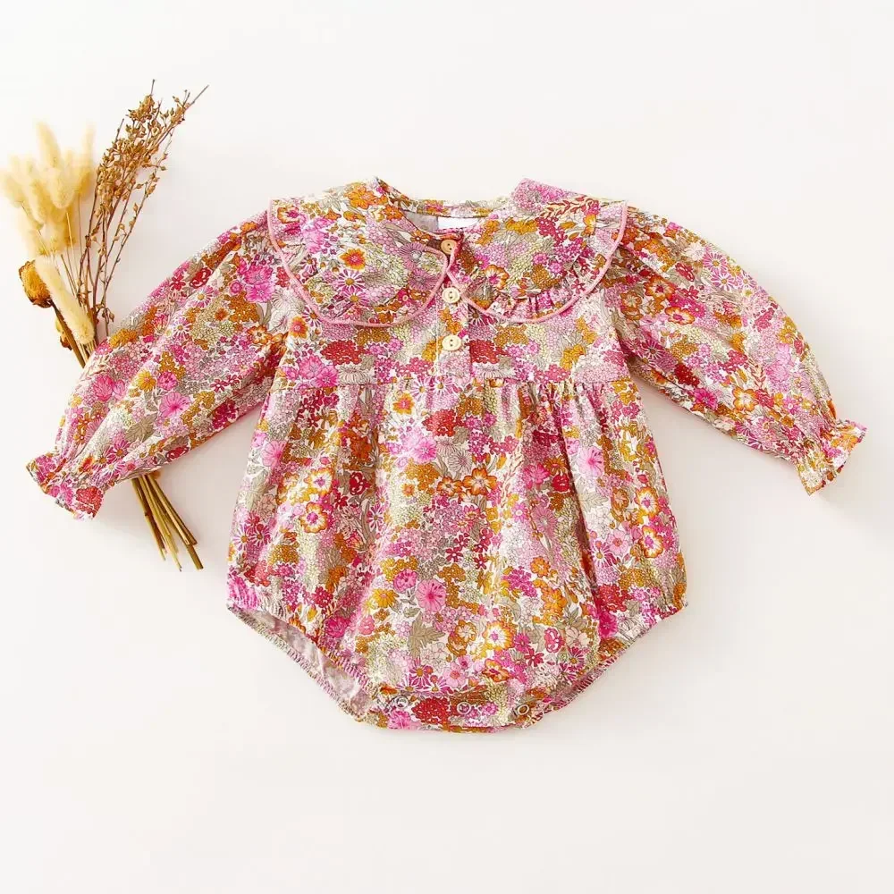 Winter Arrival Baby Girls Long Sleeves Floral Pattern Fleece-Lined Hooded Rompers