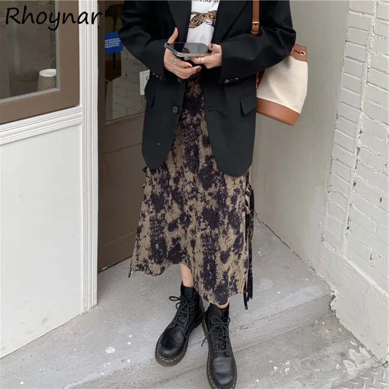 

Skirts Women Spring Ulzzang Casual All-match Simple Tie Dye Elastic Waist Side-slit Button Design College High Street Baggy Chic