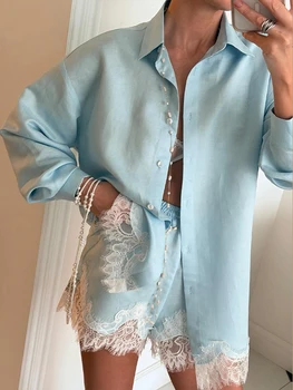 Beach Shirts Shorts Outfits Women Lapel Single Breasted Long Sleeves Lace Patchwork Sets Female 2026 Spring Summer Holiday Sets 1