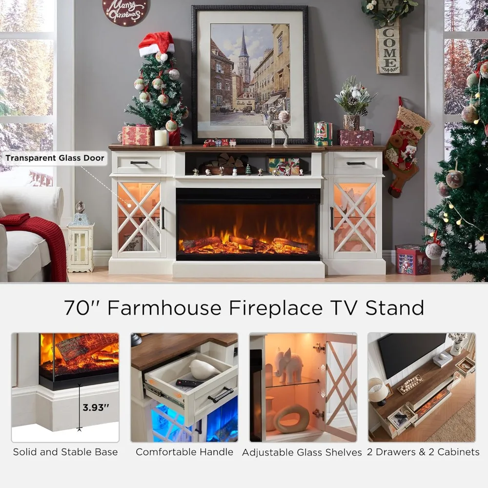 Farmhouse TV Stand with Fireplace, 70'' Entertainment Center Stand with 36" 3-Sided Glass Electric Fireplace for TVs Up to 80 in 2
