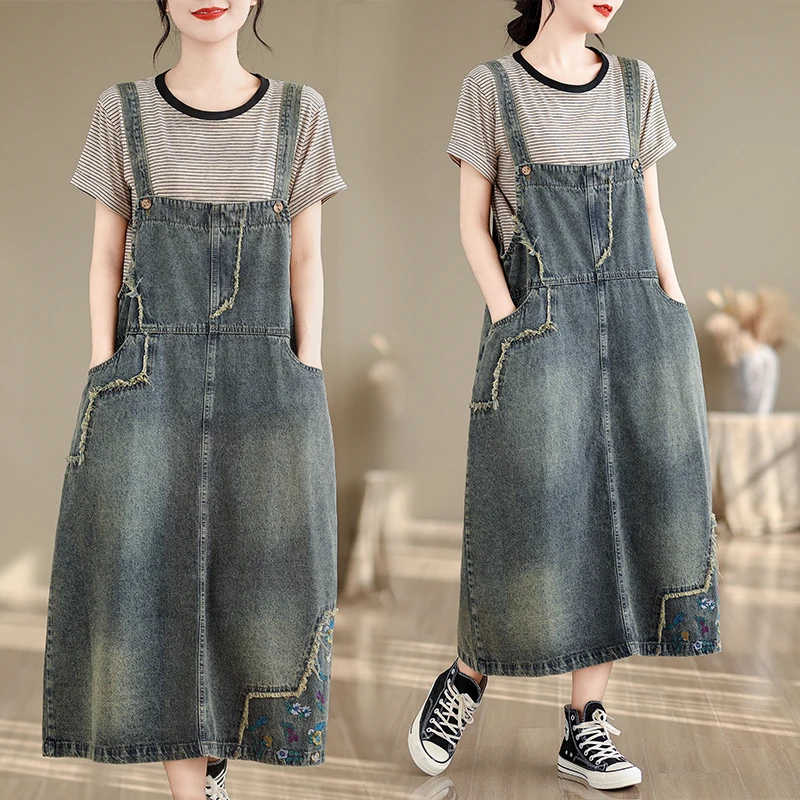 

Aricaca New Style Flower Embroidered Loose Long Denim Dress S-2XL High Quality Casual Strappy Skirt