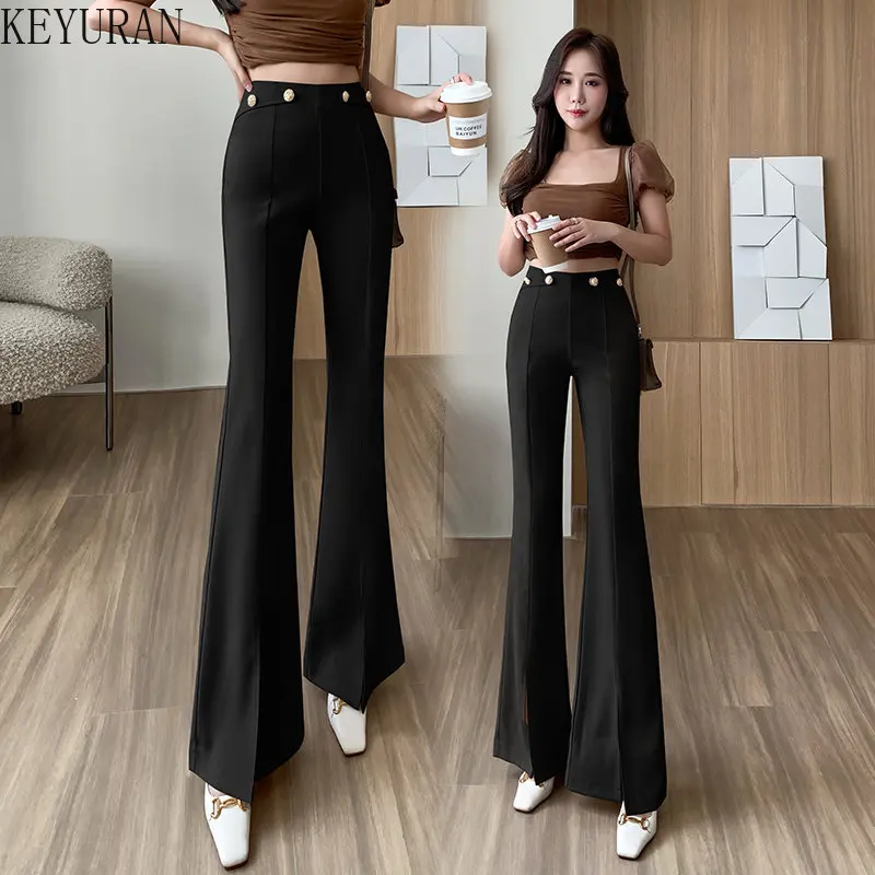 Buttons Apricot Black Flare Pants for Women Trousers Korean