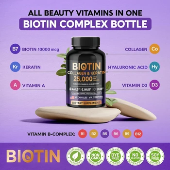 Biotin Collagen&Keratin 25000 mcg Vitamins B2, B3, B6 - Non-GMO Dietary Supplement for Hair Growth Support - USA Made - 60 caps 2