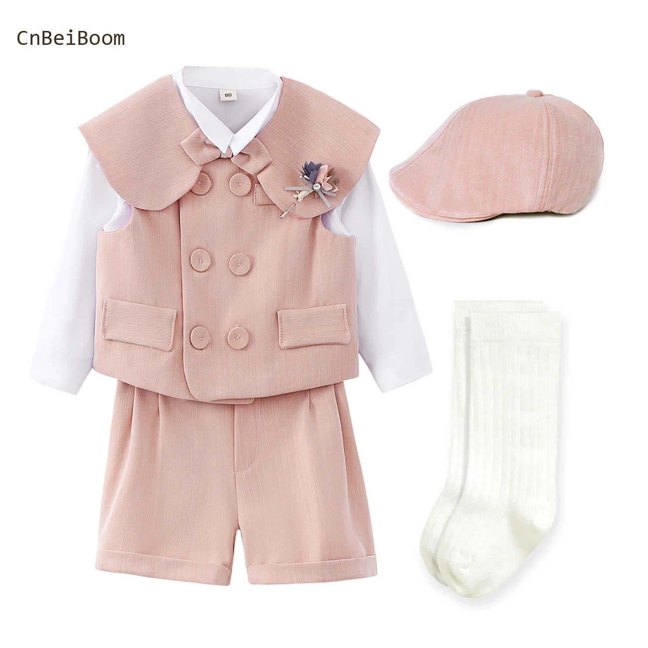 

2023 New Boys Girls Clothing Set Pink Outfit Kids Gentleman Toddler Birthday Suits Shawl Vest Short Hat Socks Clothes Sets