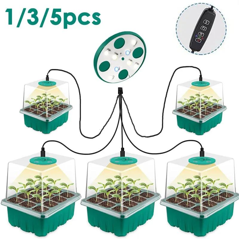 LEDGrowLightSeedlingTrayPlantSeedStarterTraysKits12Holes
