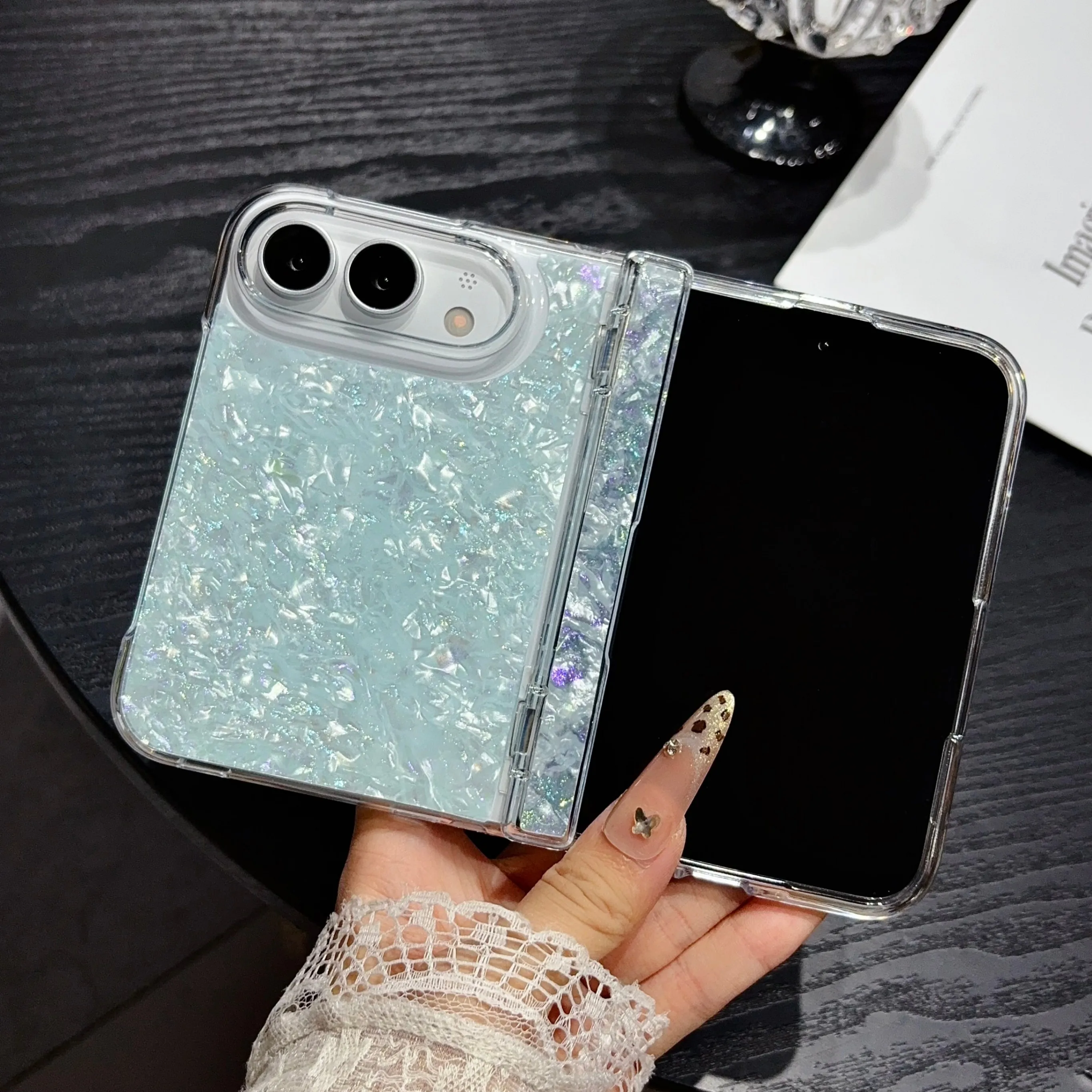 Iridescent Shell Glitter Shockproof Flip Phone Case - Skin Feel, Full Protection Cover
