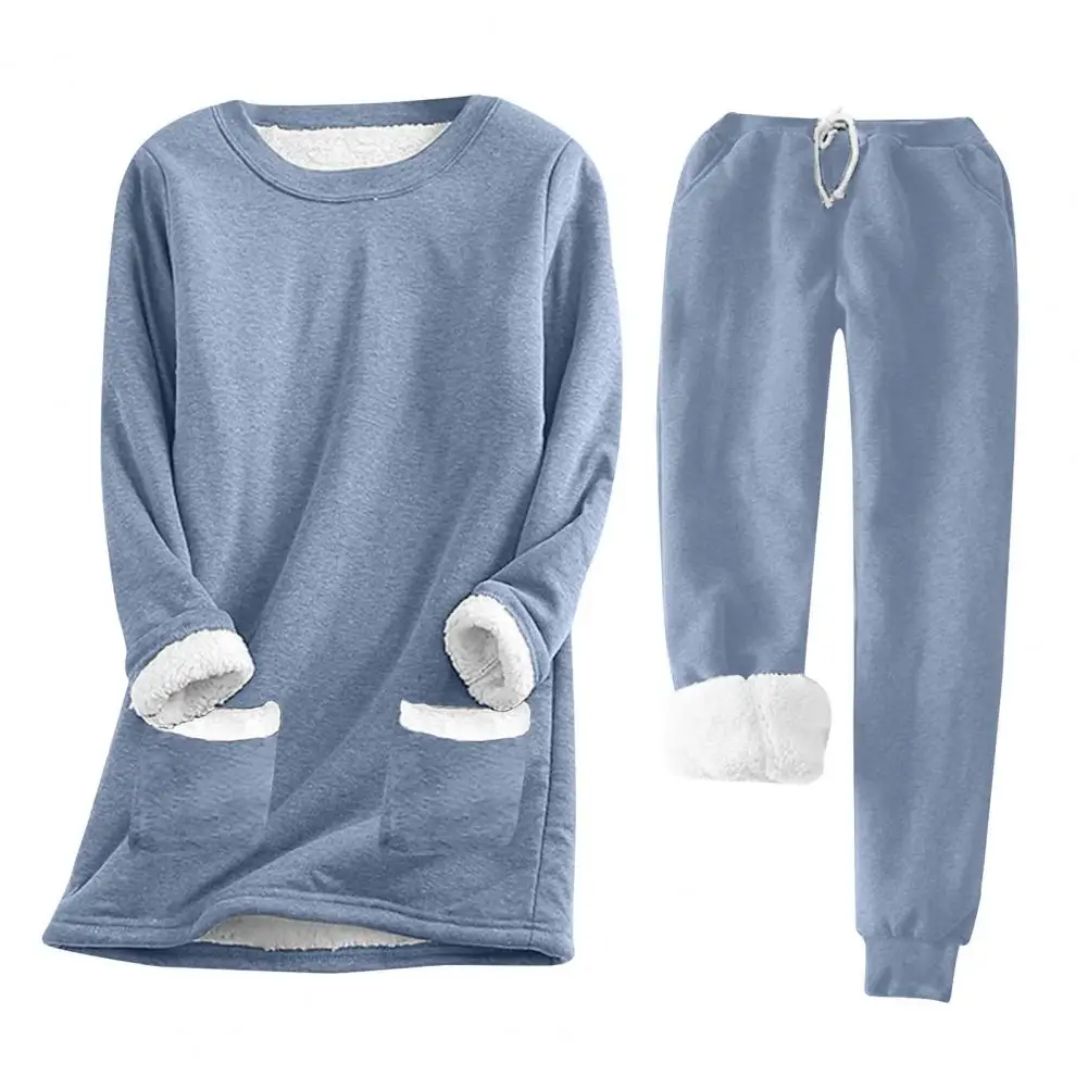 Women Two-piece Suit Cozy Fleece Lined Pajama Set With Drawstring Waist Long Sleeve Pullover For Women Warm For Ladies