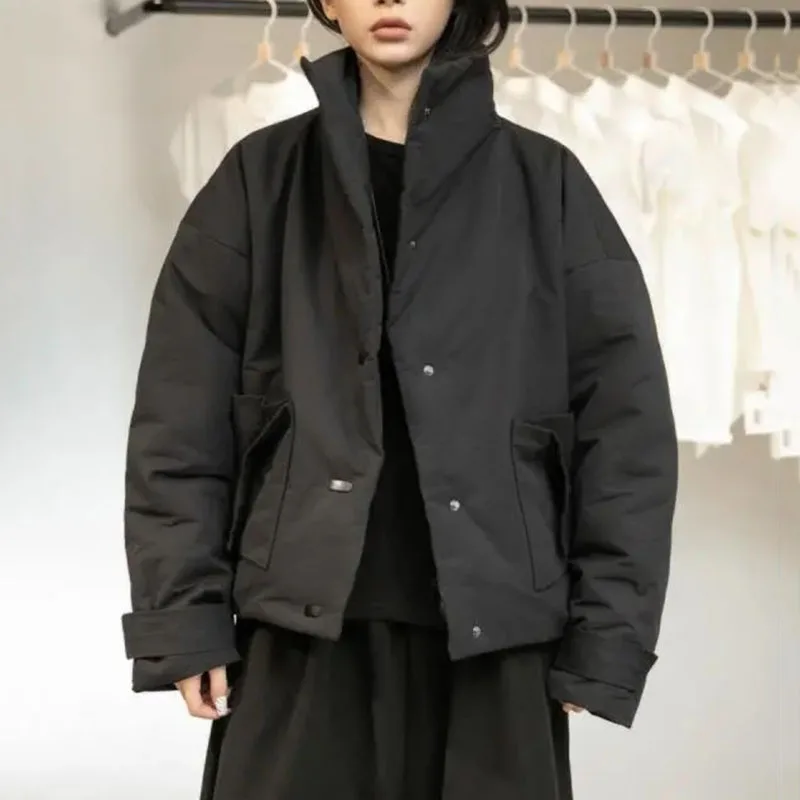 

Vintage Loose Winter Black Women's Jacket Thicken Warm Outwear Parkas Coat For Women Stand Collar Casual Cotton Padded Jacket