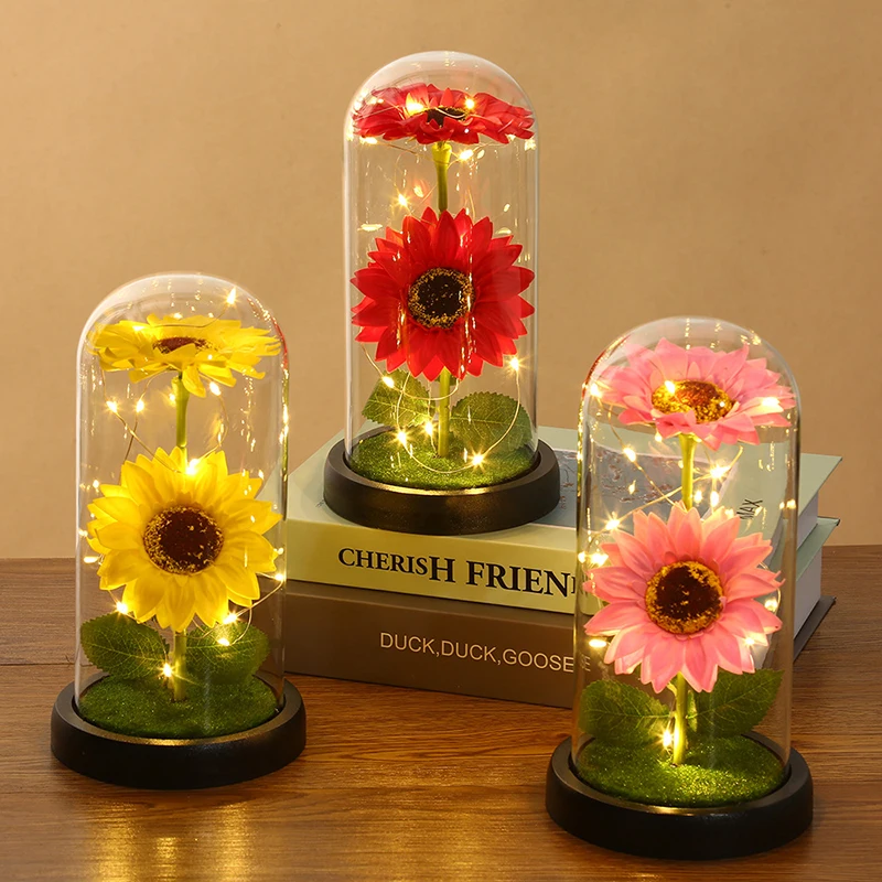 

Valentine's Day Gift Artificial Sunflowers In Dome Led Light Sunflower Lamp Mother's Day Christmas Wedding Gifts for Women Girls