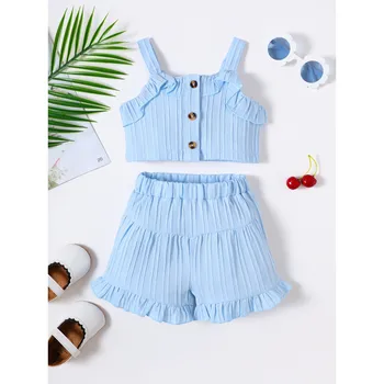 3-24 Months Baby Girl Summer Solid Color Suit Sleeveless Blue Slip Tops and Shorts 2PCS Outfits Fashion Korean Style Clothing 1