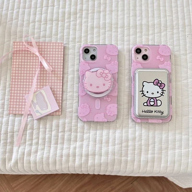 

Cute Sanrio Hello Kitty Magnetic Wallet Bracket Magsafe Wireless Charge Phone Case For iPhone 15 14 13 12 11 Pro Max Hard Cover