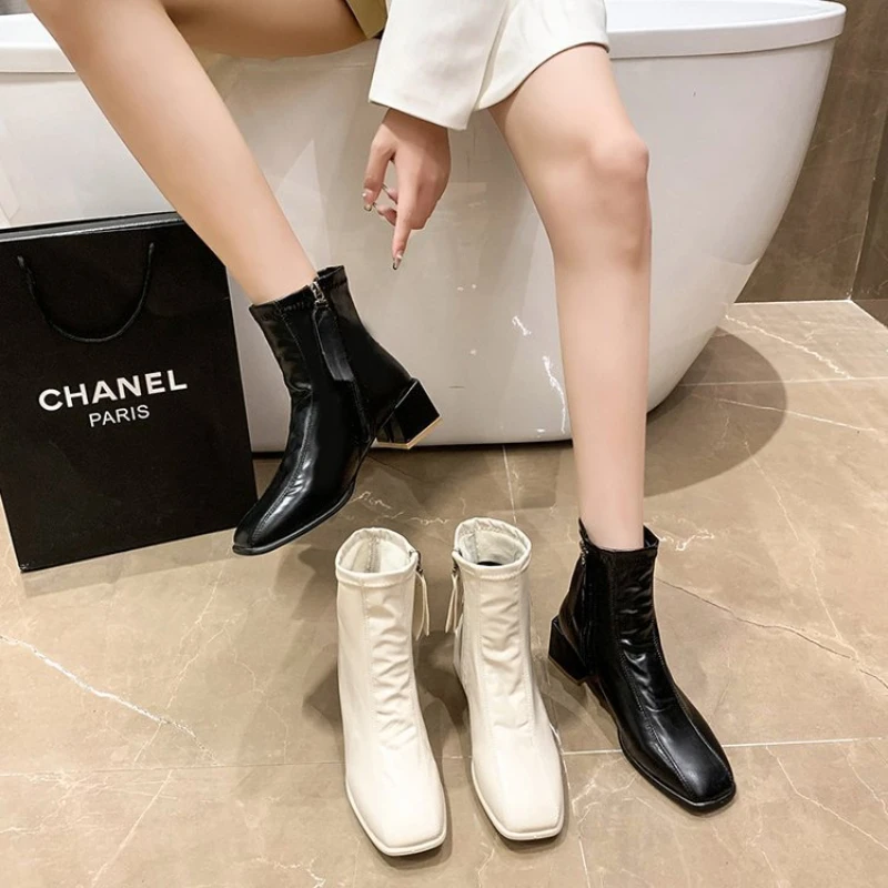 Black Ankle Boots for Women Korean Style Fold Square Toe Side Zipper Chunky  Heel Leather Boots Waterproof Shoes Botinha Feminina - AliExpress