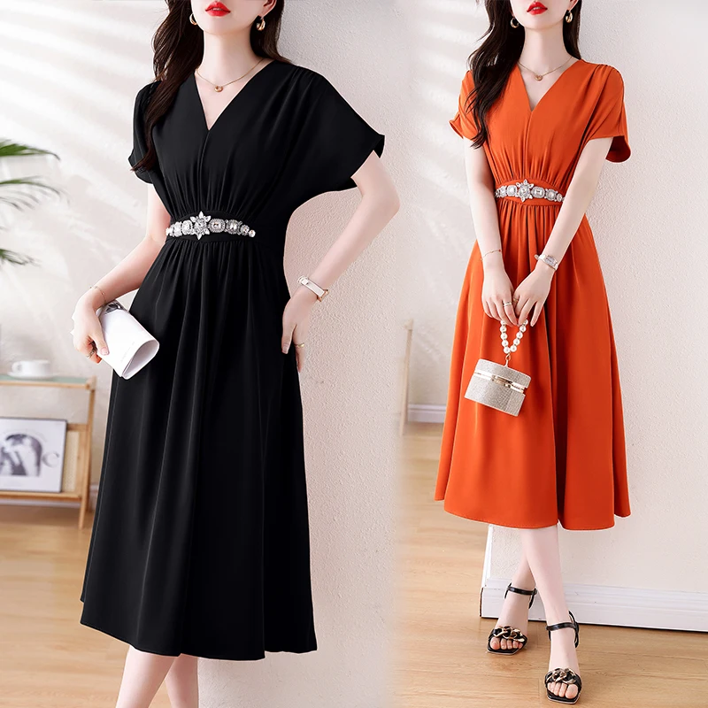 

Summer Diamonds Folds Midi Dress Women's Clothing Elegant V-Neck Short Sleeve Solid Color Office Lady Oversized Dresses Vestidos