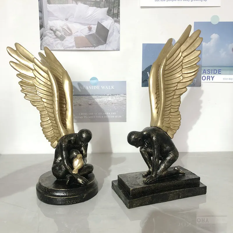 

Resin Handicraft Golden Angel Winged Boy Abstract Figure Sculpture Thinker Decorative Figurines Home Decoration Accessories