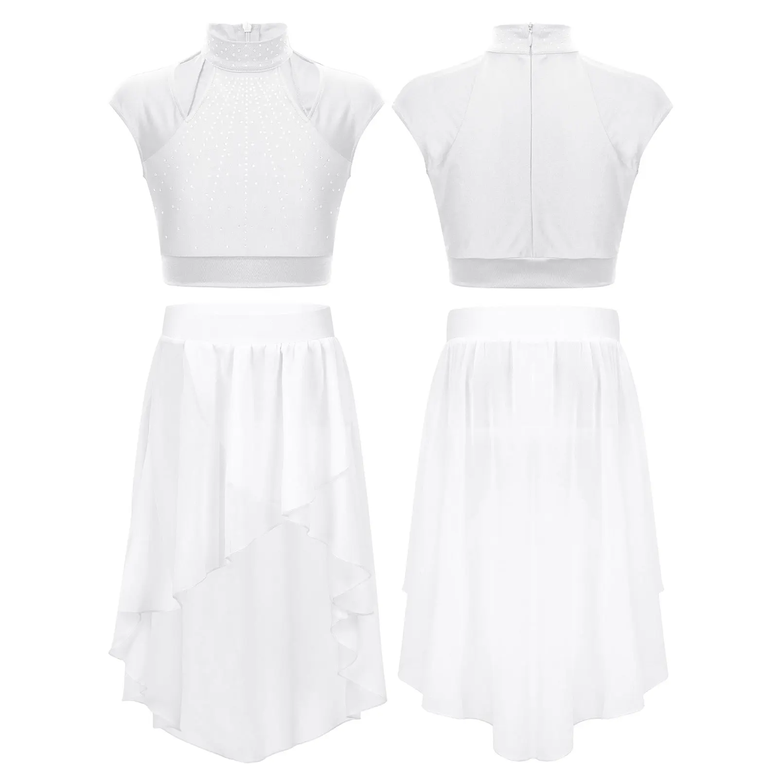 Kids Girls Sleeveless Shiny Rhinestones Crop Top with Asymmetrica Chiffon Skirt for Figure Skating Dance Gymnastics Performance
