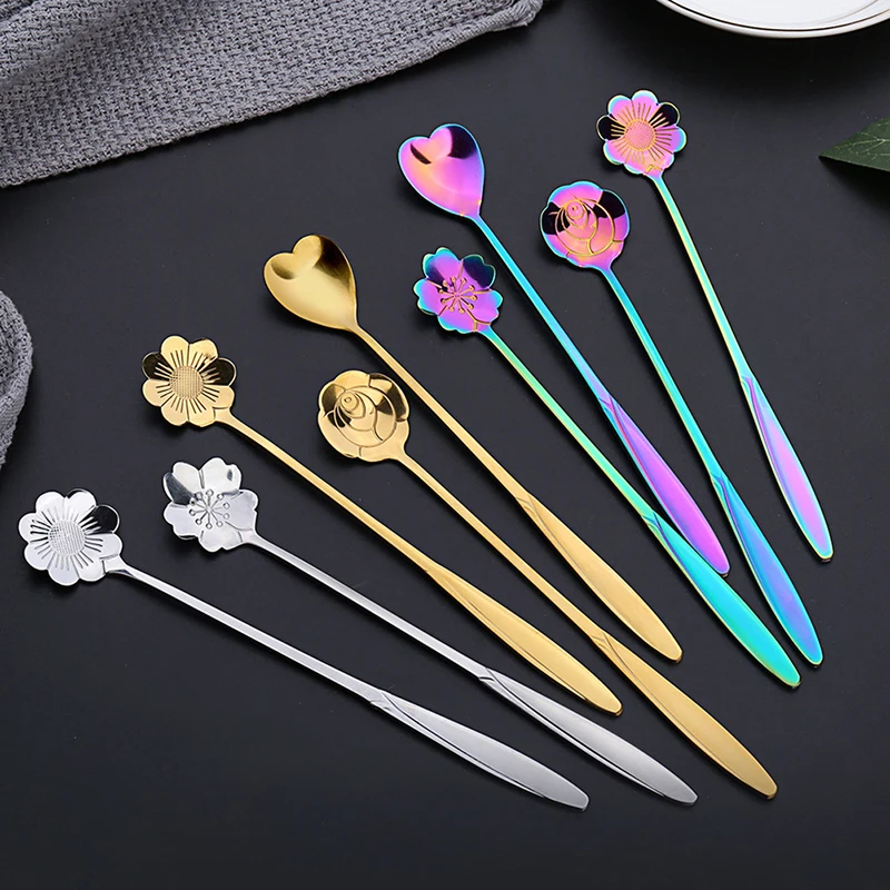 Mixing Spoons Small Flower Teaspoon Stainless Steel Coffee Spoon Cute Ice Cream Dessert Spoon Kitchen Accessories 4Pcs/Set