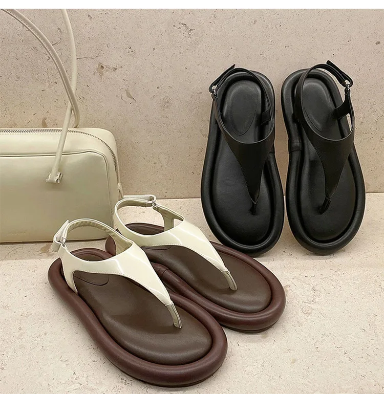 

Jenny&Dave 2023 Ins Fashion Blogger Leather Sandals Women Flip-flops Women Summer Round Toe Flat Leather Casual Thick Sole