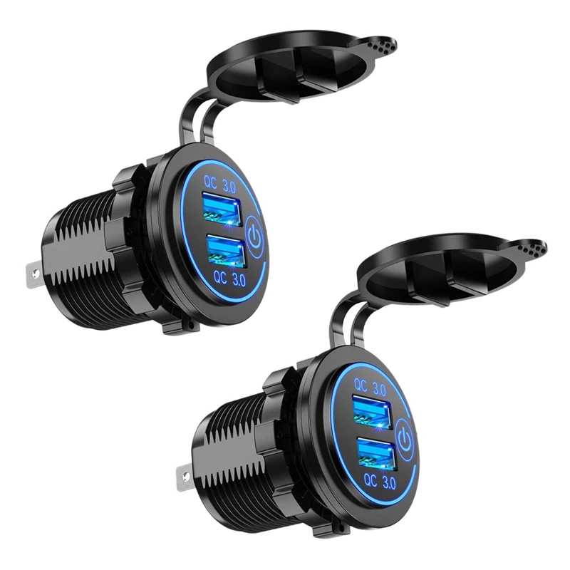 

4X Quick Charge 3.0 Dual USB Car Charger 12V 36W USB Fast Charger With Switch For Boat Motorcycle Truck Golf Cart Blue