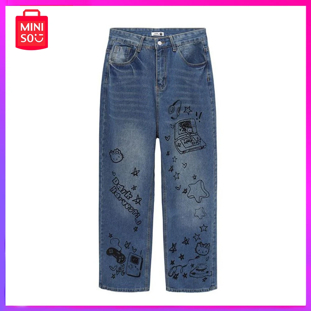 

Miniso Hello Kitty Designed Jeans for Women Kawaii Print Loose Straight Wide Leg Trousers for Girls Christmas Birthday Gift