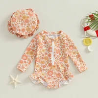 Cute Long Sleeve Baby Girls Swimsuits Beachwear Summer Floral Print Ruffled Jumpsuit and Swim Cap Set for Toddler Bathing Suits 3