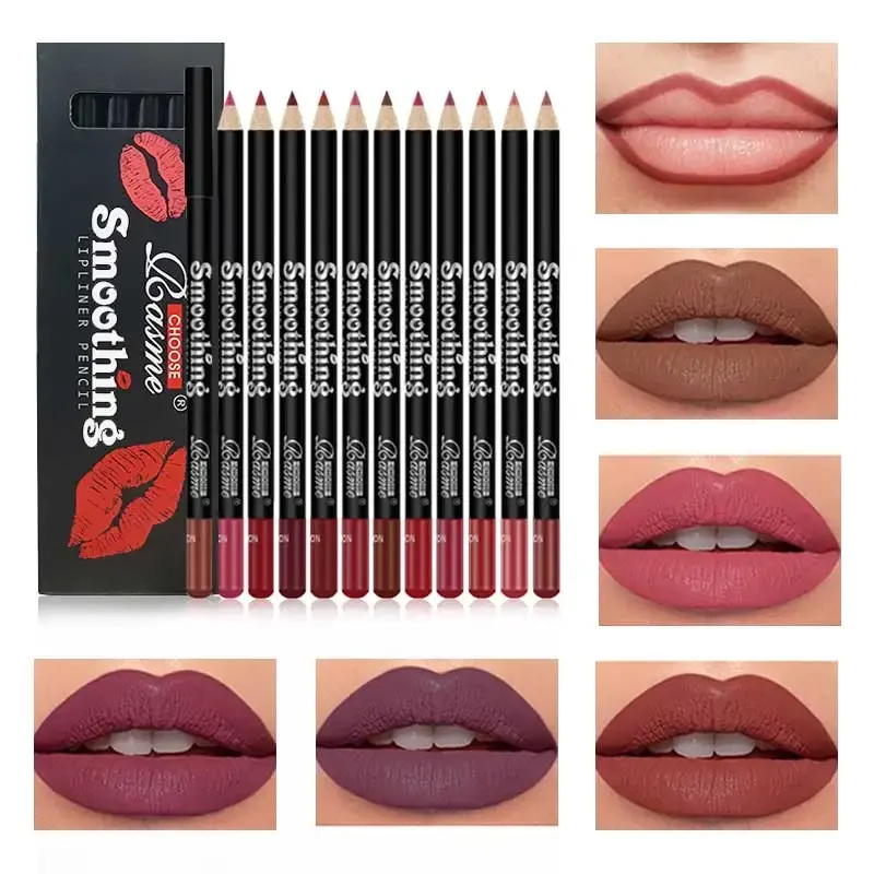 12 Colors Lip Liner Pen Set Fashion Black Rod Waterproof Non-stick Cup Easy To Color Lipstick Pen