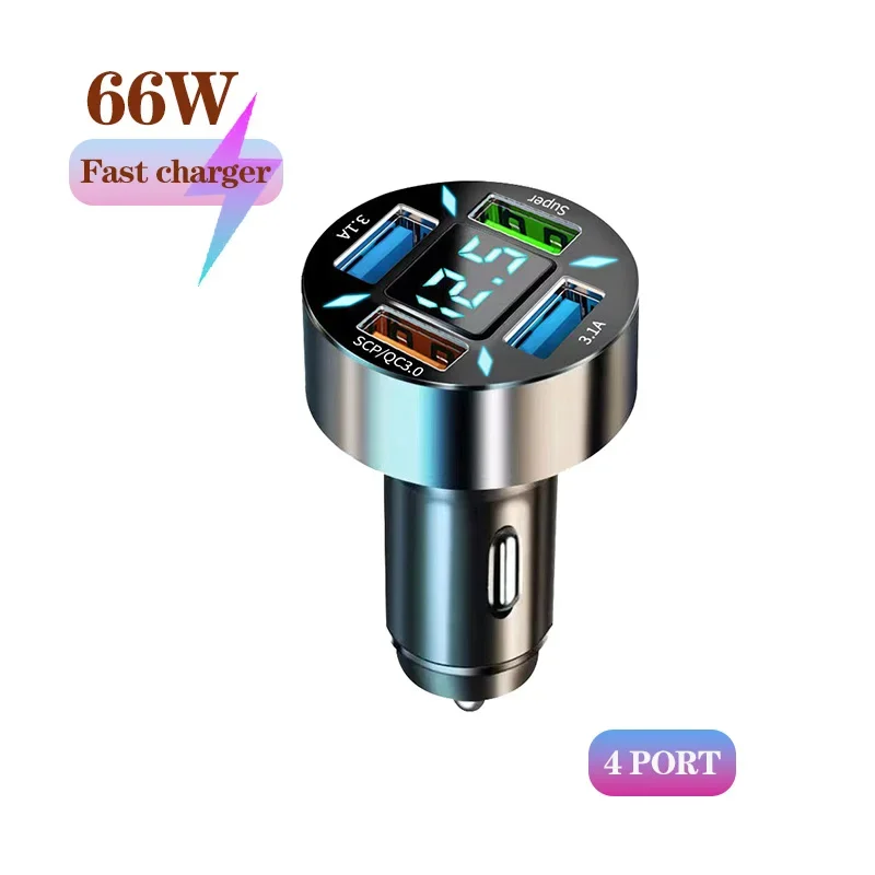 66W 4포트 USB 디지털 실시간 전압 차량용 충전기 QC30/PD 차량용 휴대..