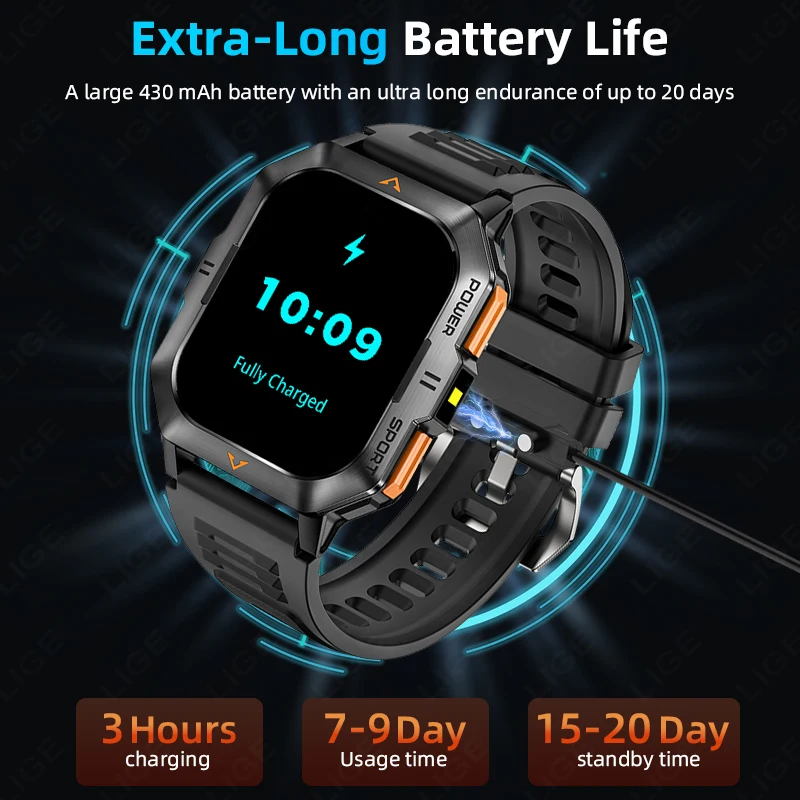 LIGE Smart Watch For Men 2.01” 430mAh Blood Oxygen Bluetooth Call Watch 100+ Sports IP68 Waterproof Smartwatch Man Reloj Hombre