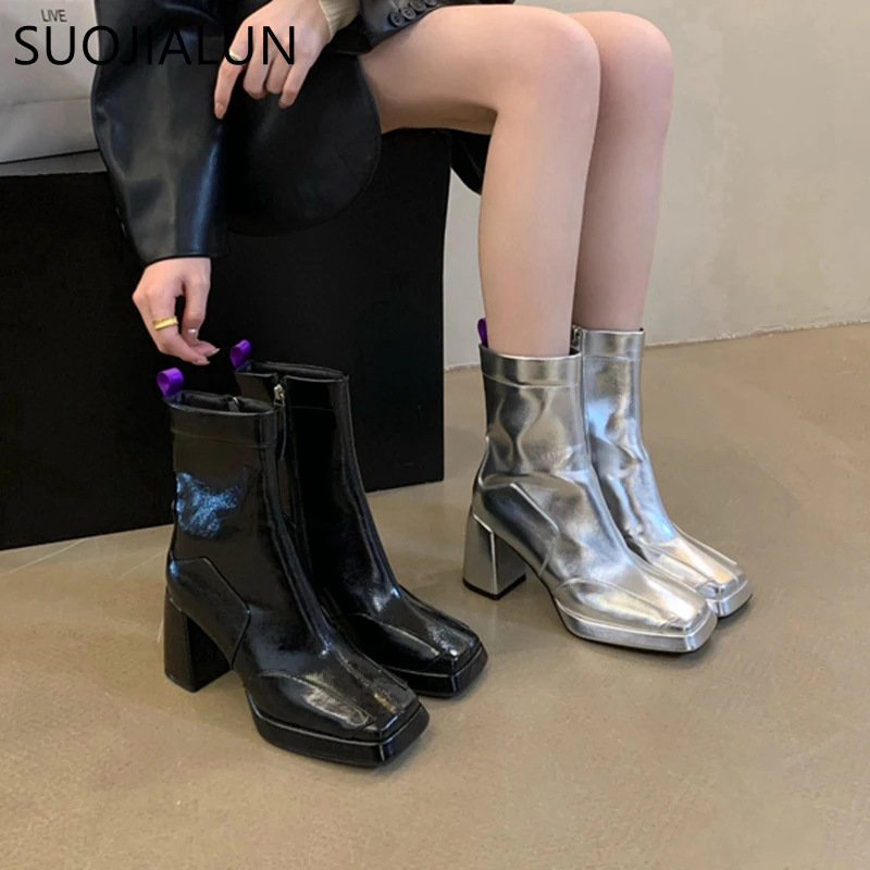 

SUOJIALUN Winter New Brand Sliver Women Ankle Boots Fashion Low Platform Heel Ladies Elegant Short Boots Square High Heel Pumps