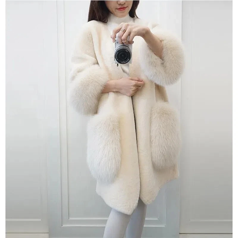 

Korea Fashion Lambswool Midi Coat Autumn Winter Thick Warm Single Button Faux Fur Jacket Women Elegant Temperament Fur Outerwear