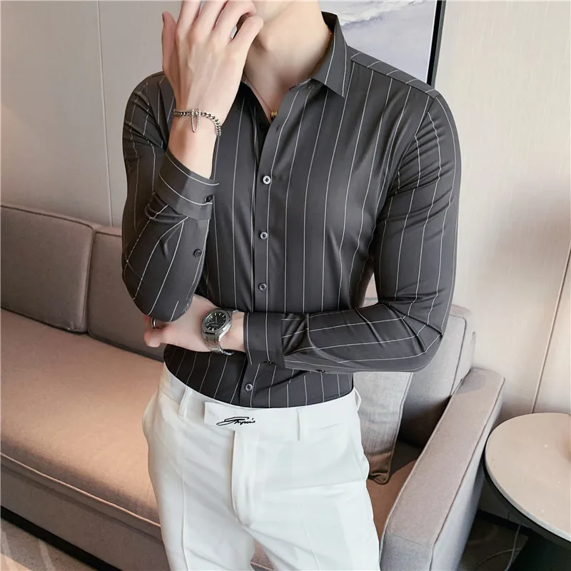Stripe Shirts for Men 2023 Autumn New British Style Anti Wrinkle Soft Solid Casual Long Sleeved Camisas De Hombre Men Clothing