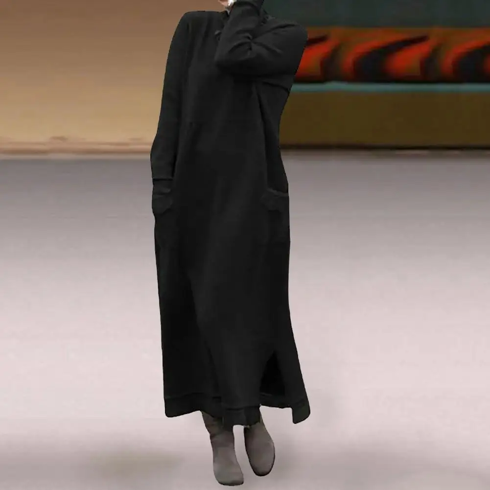

Fashion Maxi Dress Ankle Length Lace Stitching Trim Fall Winter Pure Color Casual Sweatshirt Long Dress Cold Resistant
