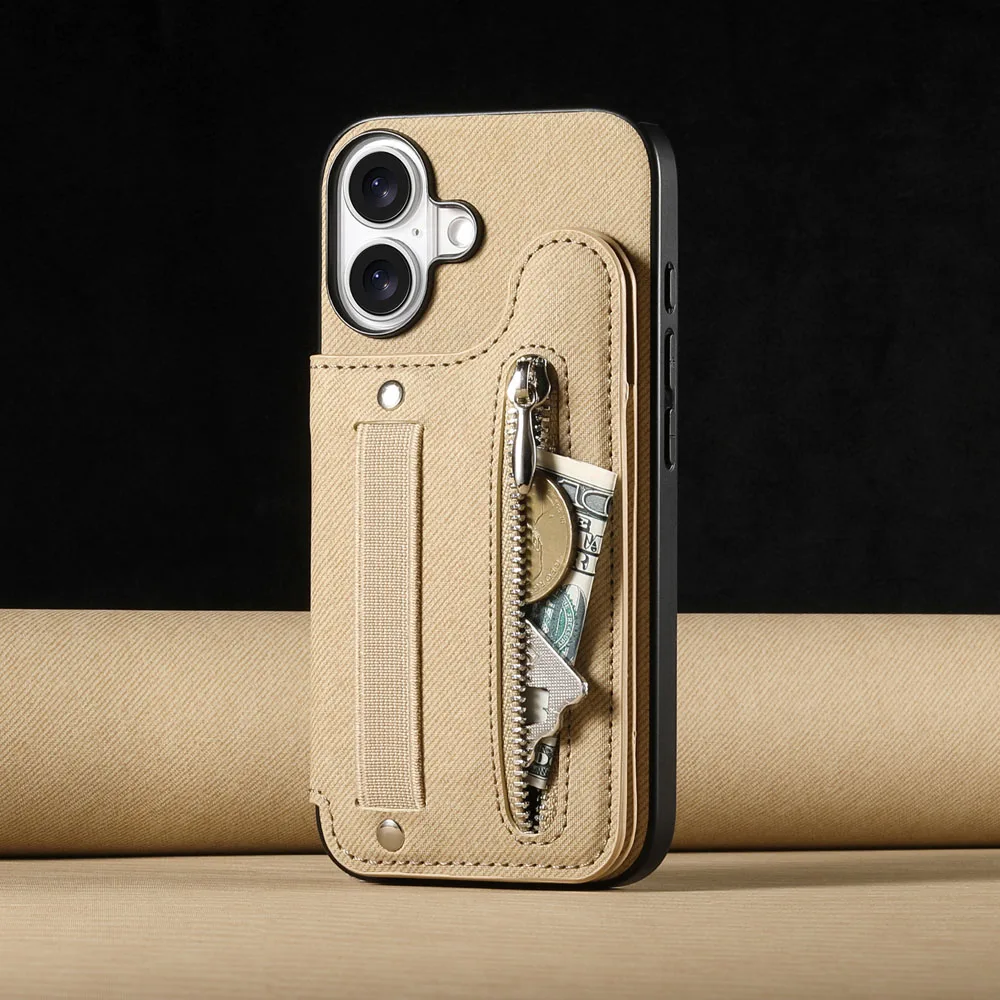 Zipper Cards Slot Leather Wallet Case with Elastic Wrist Strap