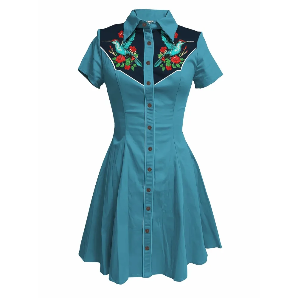 Retro Bird Moon Plant Totem Print Damen Western Cowboy Kleid Kurzarm Button Down 100 % Baumwolle Cooles Streetwear Sommerkleid – Detail 10