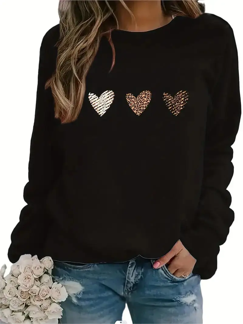Women's Leopard Heart Print Pullover, Casual Sweatshirt, Long Sleeve, Crew Neck, Women's Clothing, Fall, Winter