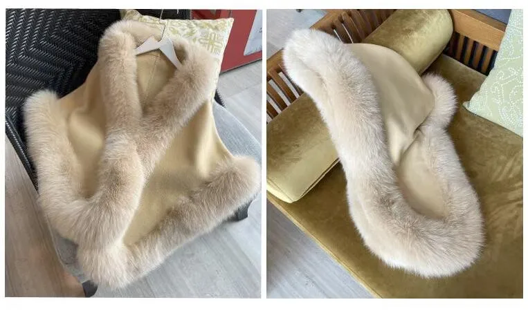 Neuer Umhang aus 100 % Wolle mit echtem Fuchspelzbesatz, dicker, warmer Poncho für Damen, Winter- und Herbstschal – Detail 15