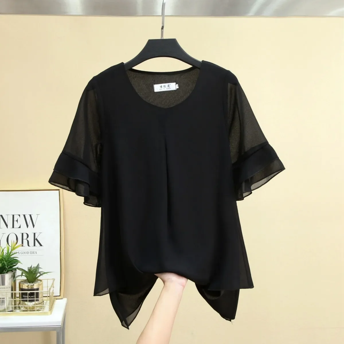 2024 Spring/summer New Ocean Style Niche Design Short-sleeved Blouse Large Size Thin Mid-sleeved Chiffon Shirt for Ladies Tops