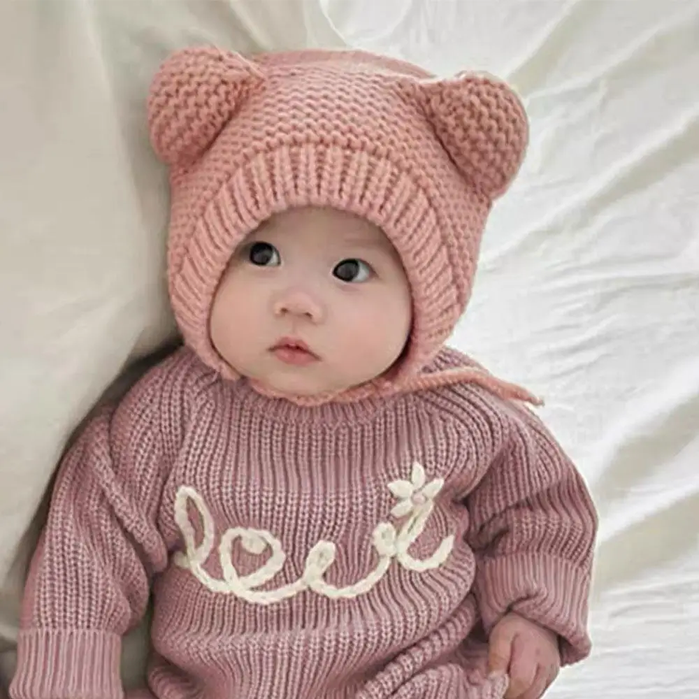 Newborn Cartoon Bear Beanie Korean Baby Solid Color Wool Knit Hat Winter Warm Cap For Boys And Girls Toddler Photography Props