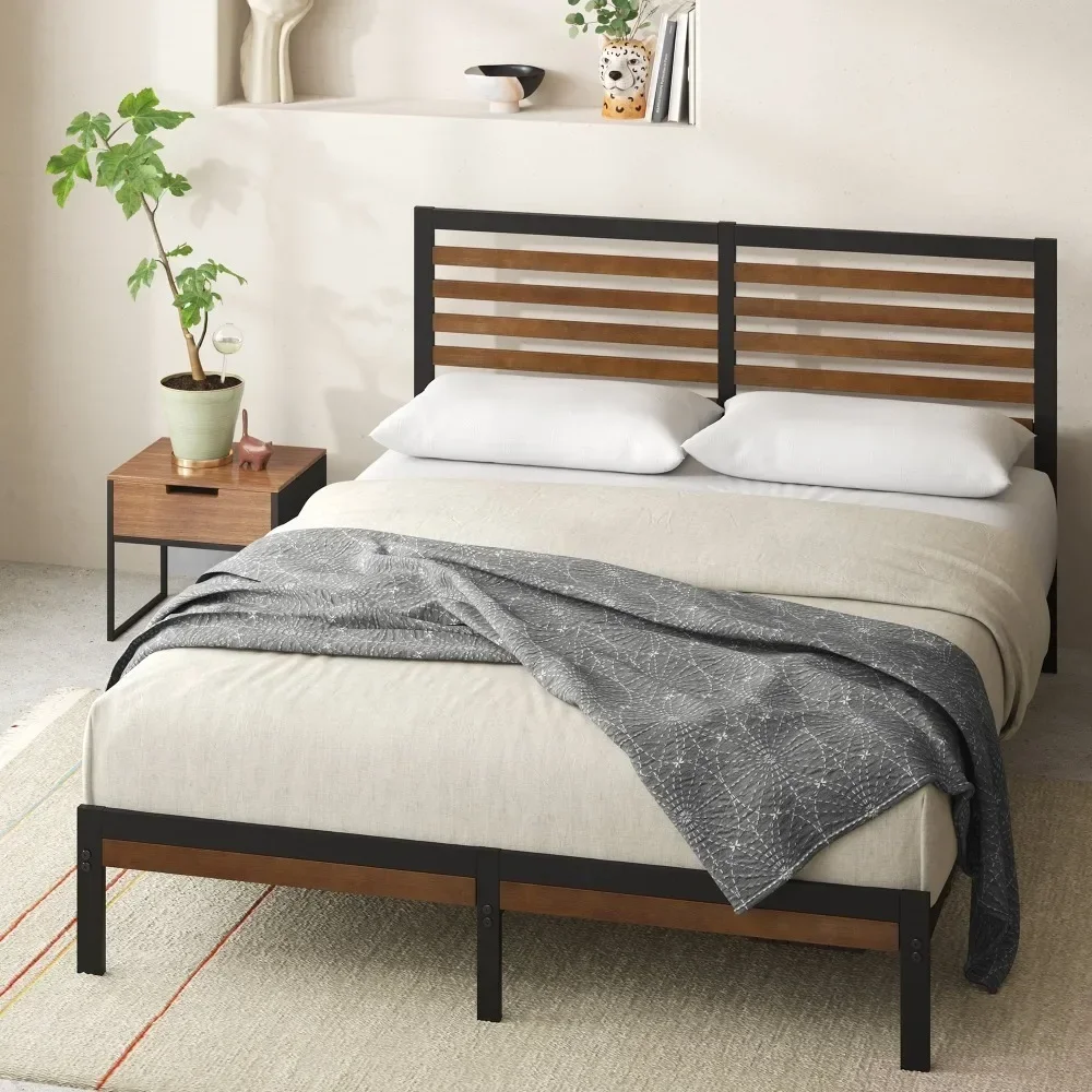 Queen size Bed Frame, 35 Bamboo and Metal Platform Beds Frame, Brown Queen Bed Frame