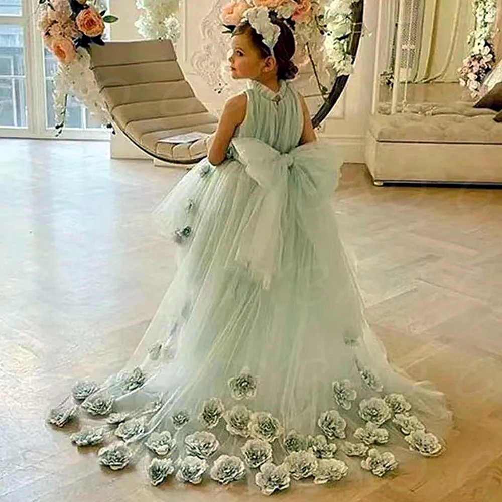 

Luxury High-Low Sleeveless Puffy Flower Girl Dresses For Wedding Princess 3D Floral AppliquesFirst Communion Gowns With Bow