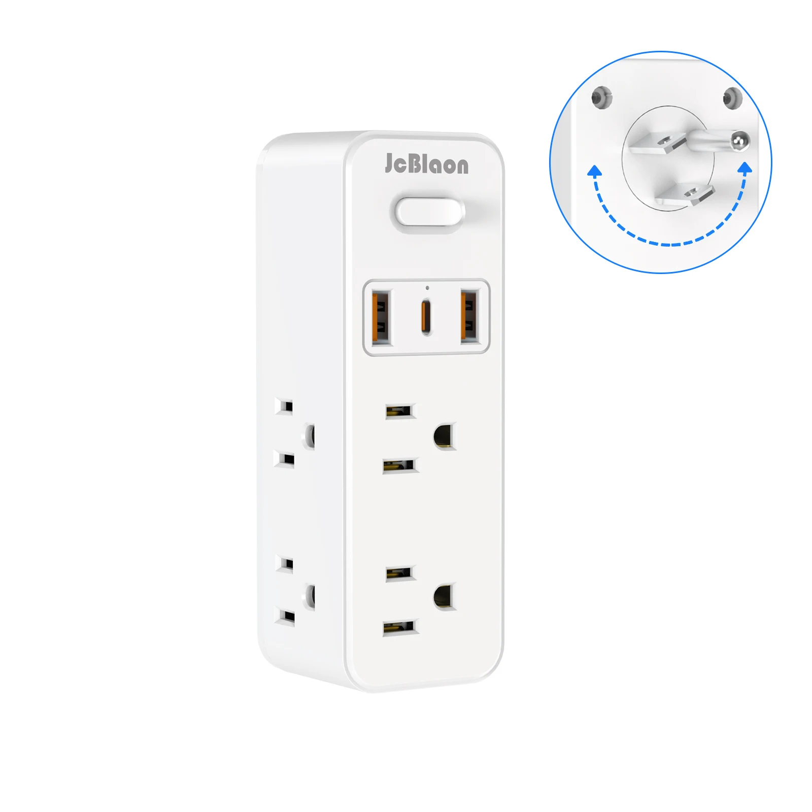 360&deg;Rotating Power Strip US Plug with 6 AC Outlets 3 USB Ports 1 Type-C,Multiple Wall Socket with Switch Network Filter for Home