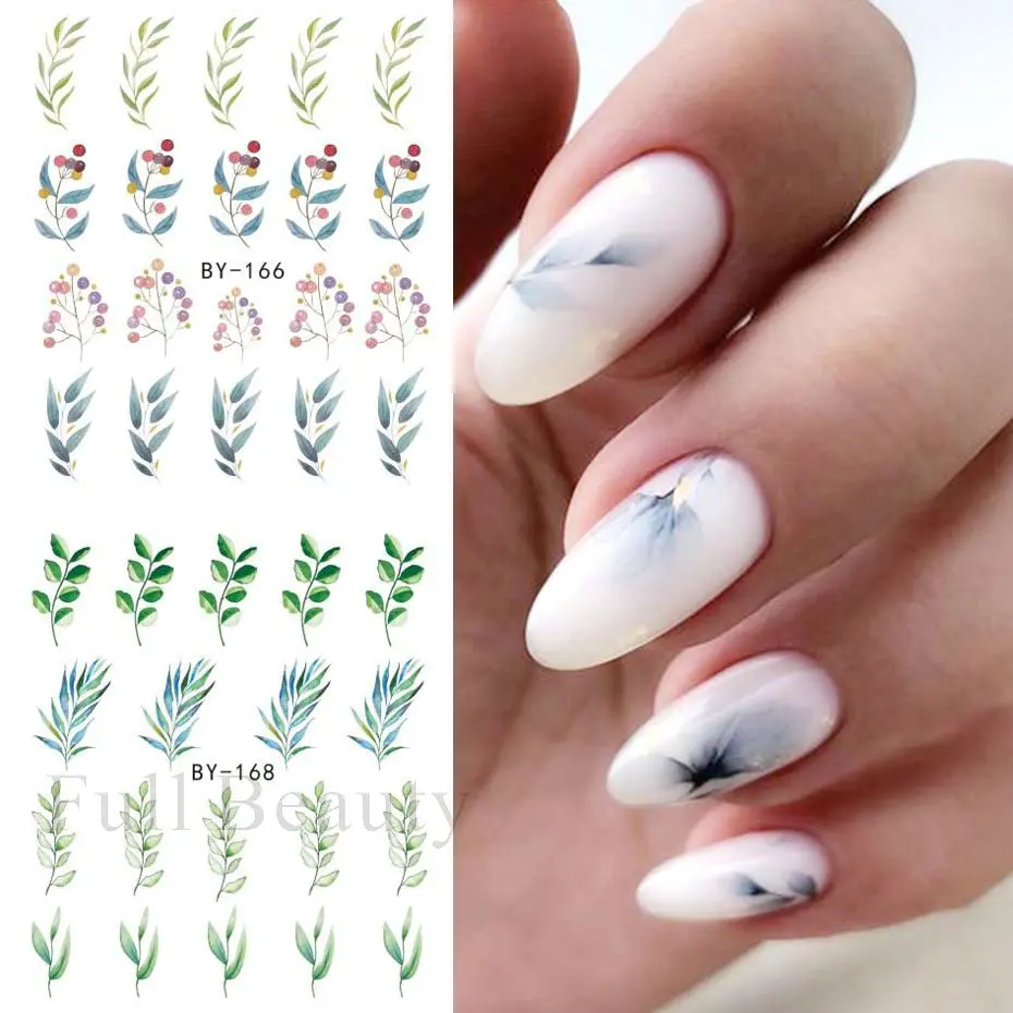 12pcs Green Leaves Stickers for Nails Summer Water Decals Watercolor Leaf Flower Nail Tattoos Slider Decorations LABY157-168 nail stickers nail art decoration nail decals