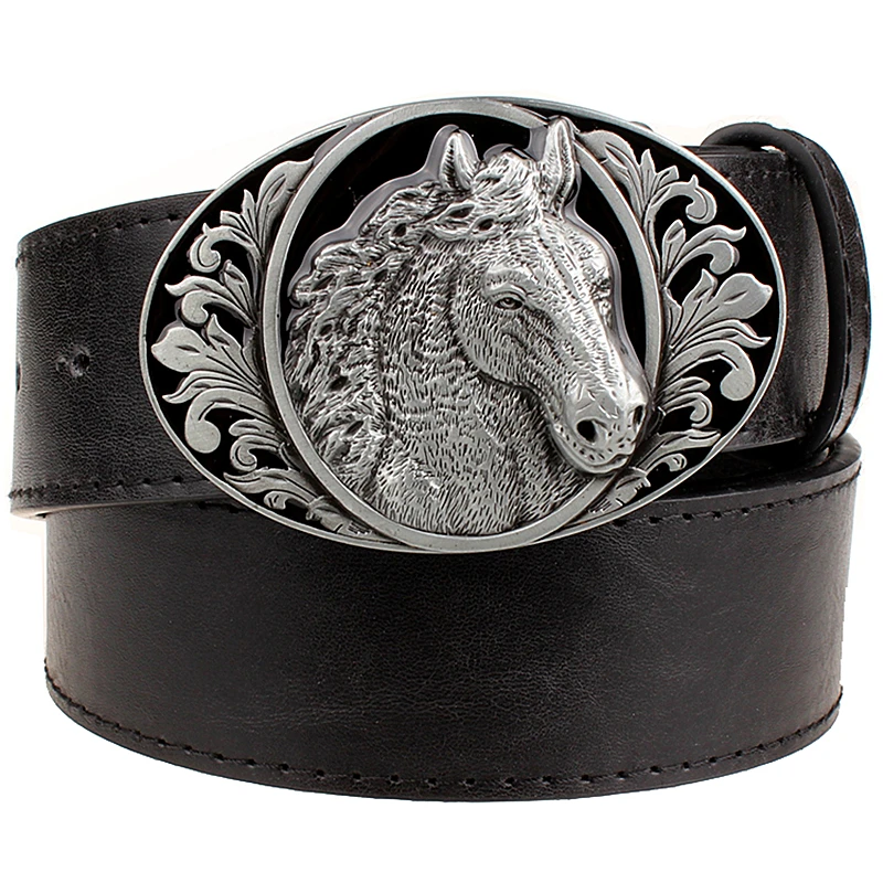 Cintura In Pelle Nera Con Motivo A Testa Di Cavallo Fine Cintura Jeans Da Uomo Stile Cowboy Animale Accessori Punk Rock