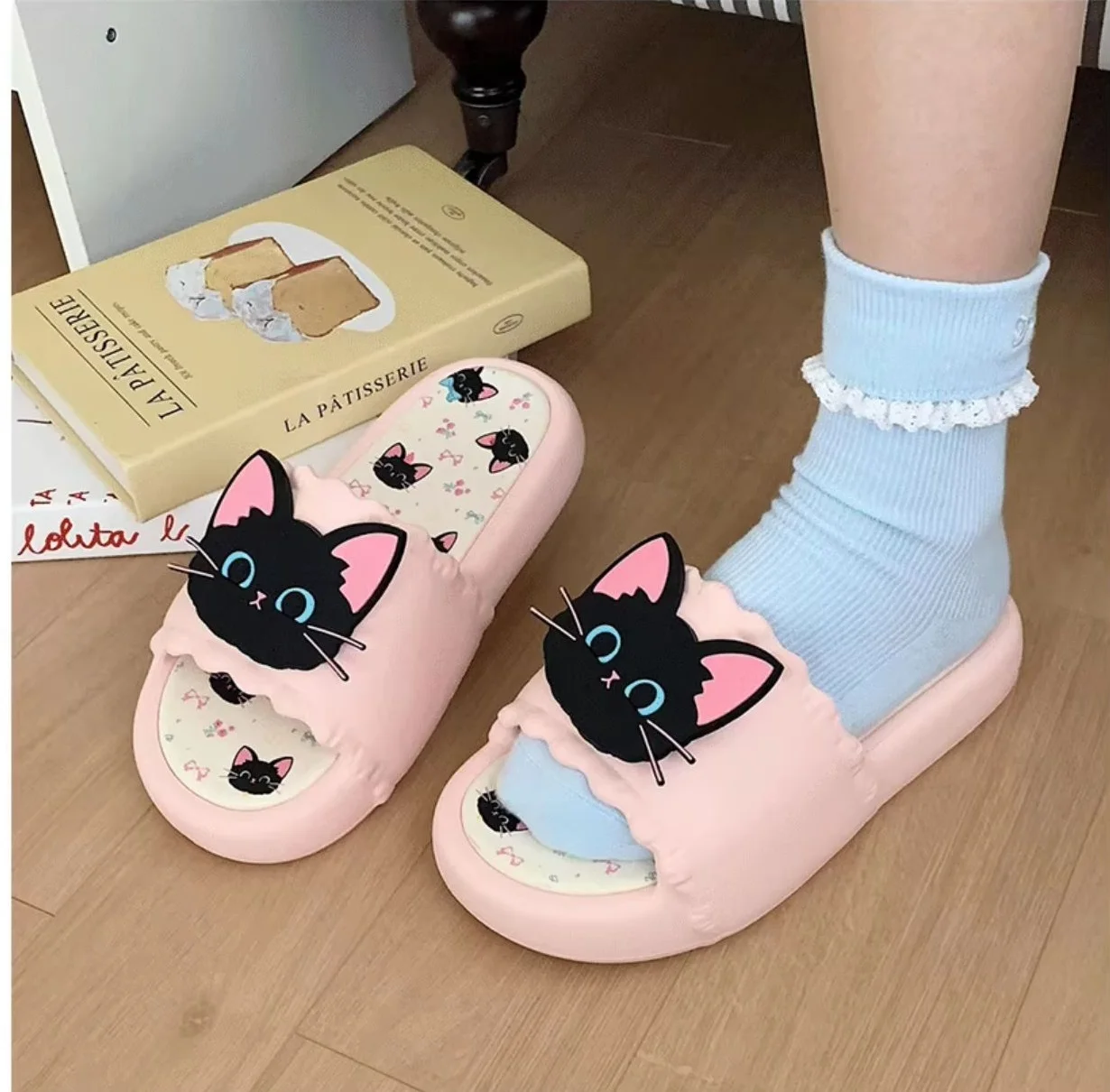 New Black Kitty Slippers Woman Animal Slides Shoes Home - Main Image