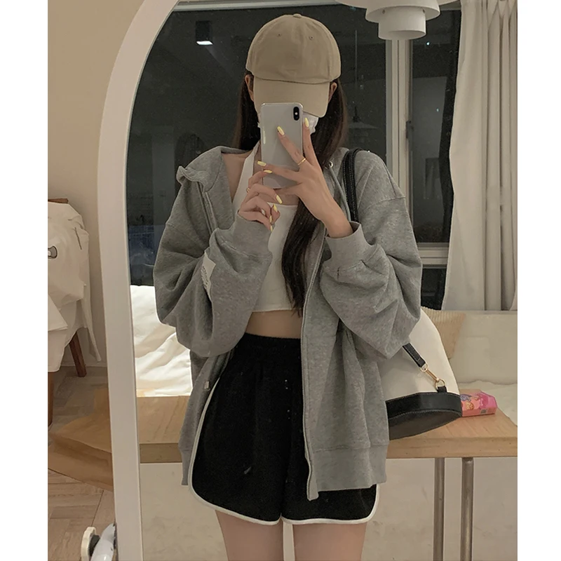 2021 Autumn Oversized Jacket Coat Women Casual Long Sleeve Korean Style Pure Color Sport Hoodies Female Outdoor Y2k Sweatshirts