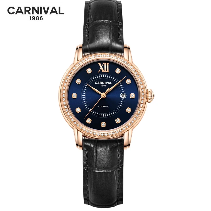 

Carnival Brand Luxury Zircon Mechanical Watch for Women New Fashion High-end Leather Strap Automatic Watches Relogio Feminino