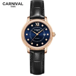 Carnival Brand Luxury Zircon Mechanical Watch for Women New Fashion High-end Leather Strap Automatic Watches Relogio Feminino